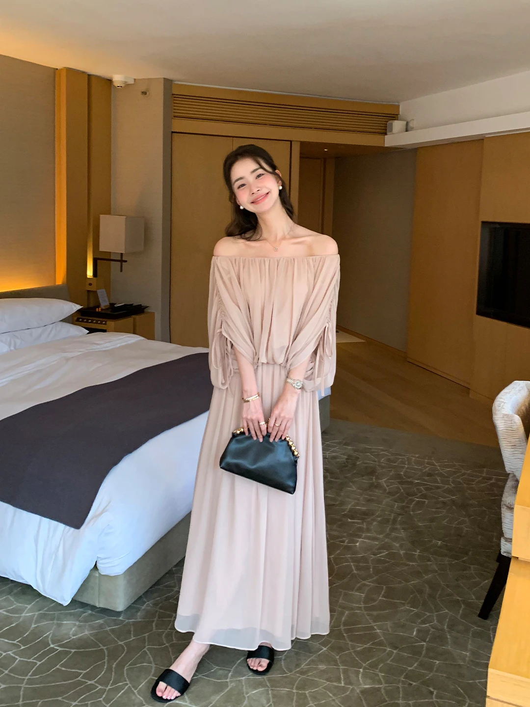 

Elegant Lantern Sleeve One Shoulder Chiffon Top Women's a Line Midi Skirt Set MAVENLIN Polyester Fiber Five Sleeve Length