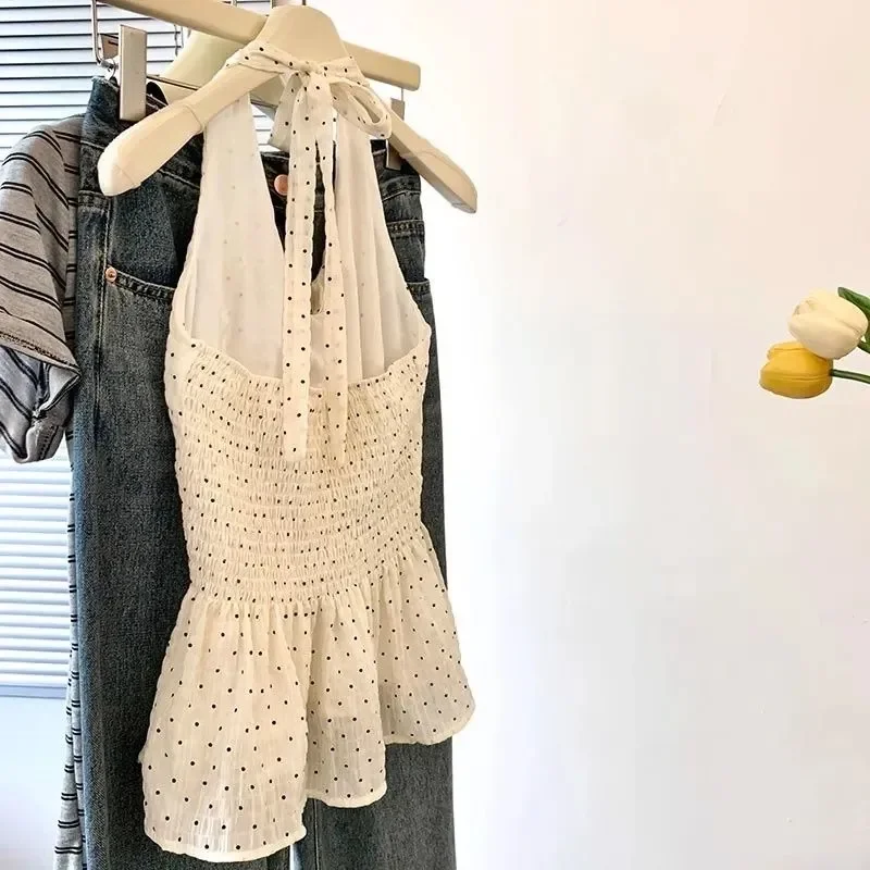 Women's White Polka Dot Halter Top Ruffle Trim Sweet Retro Casual Blouse