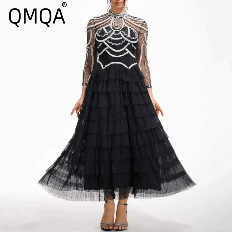 QMQA Fashion Women's Elegant Banquet Dresses Beaded Spliced Round Neck High Waist Long Sleeve Maxi Dress Female Spring New 1A120