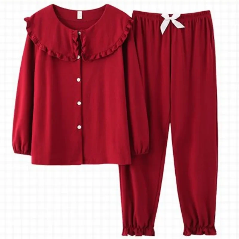 Pijama feminino de algodão manga longa, bonito loungewear, cardigan, colarinho de boneca, pijama solto, terno vermelho Homewear, plus size, outono, novo, 2022