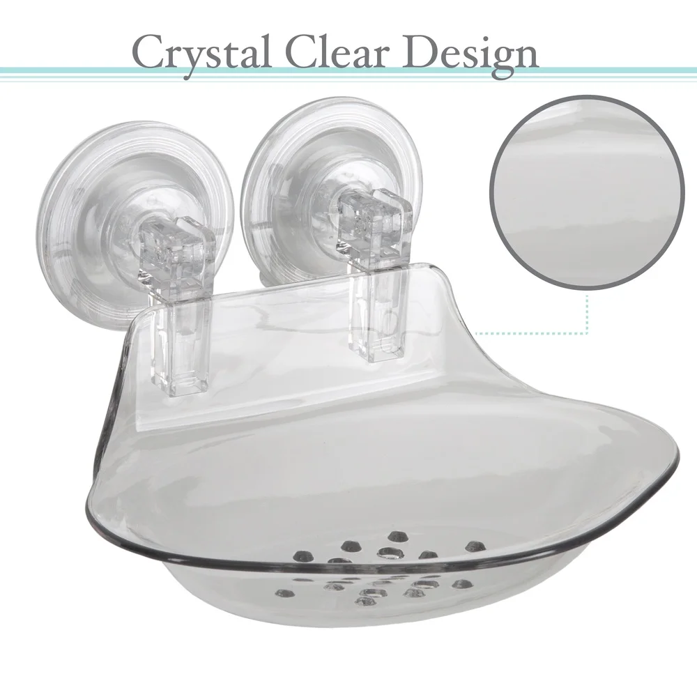 Power Locking Suction Soap Dish Self Draining Holder Shower Tub Crystal Clear Design Easy Mounting Cleaning Solution