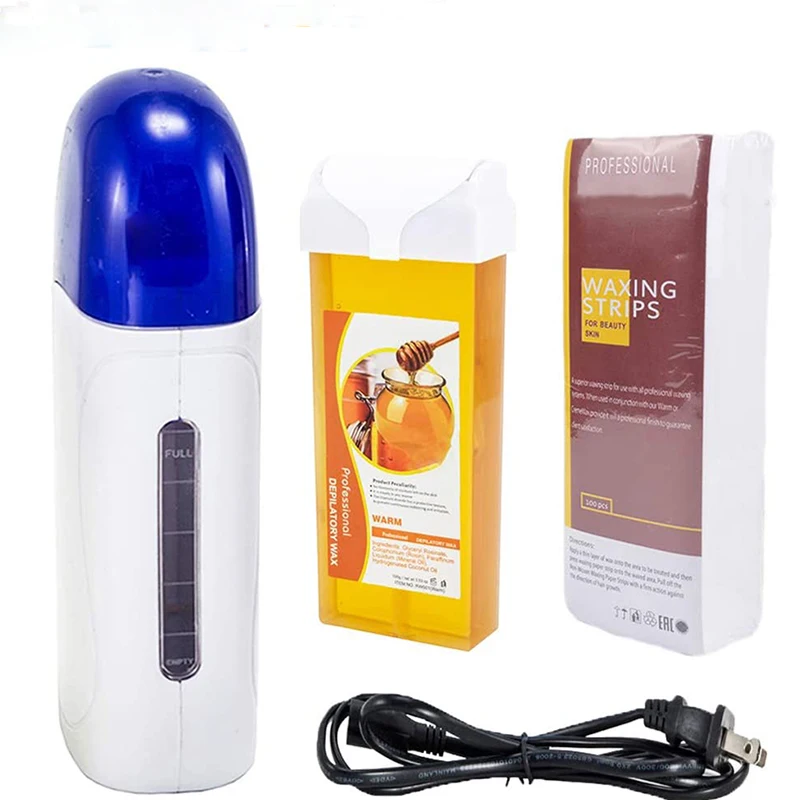 Kit de depilación con rodillo 3 en 1, tiras calentadoras de cera para depilación con máquina depiladora, cartucho, calentador, juego de papel de depilación