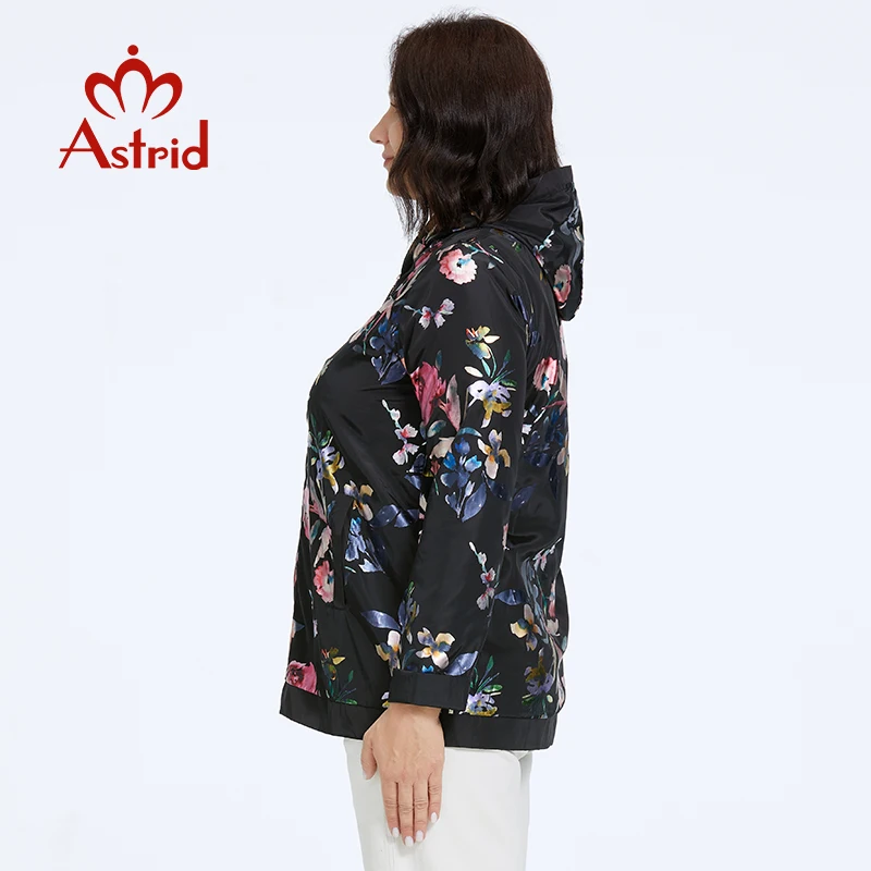 Astrid Women\'s Jacket Thin Windproof Coat Oversized Fashion Flower Print Trends Female Windbreaker with Zipper Hooded Streetwear