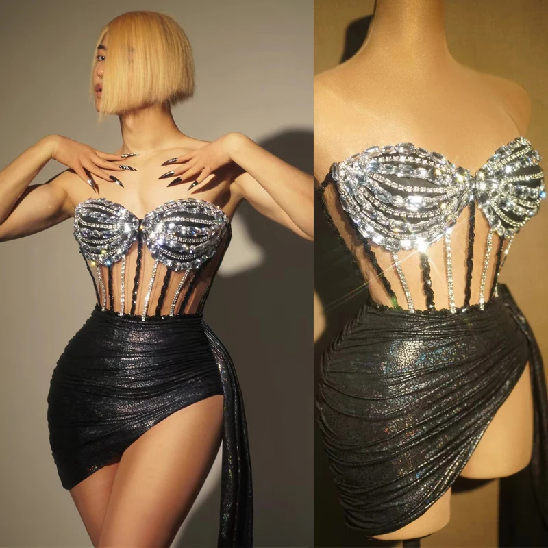 

Bar Nightclub Dj Gogo Dancer Costume Women Singer Evening Dresses Silver Rhinestones Sequins Dress Stage Festival Outfit XS7908