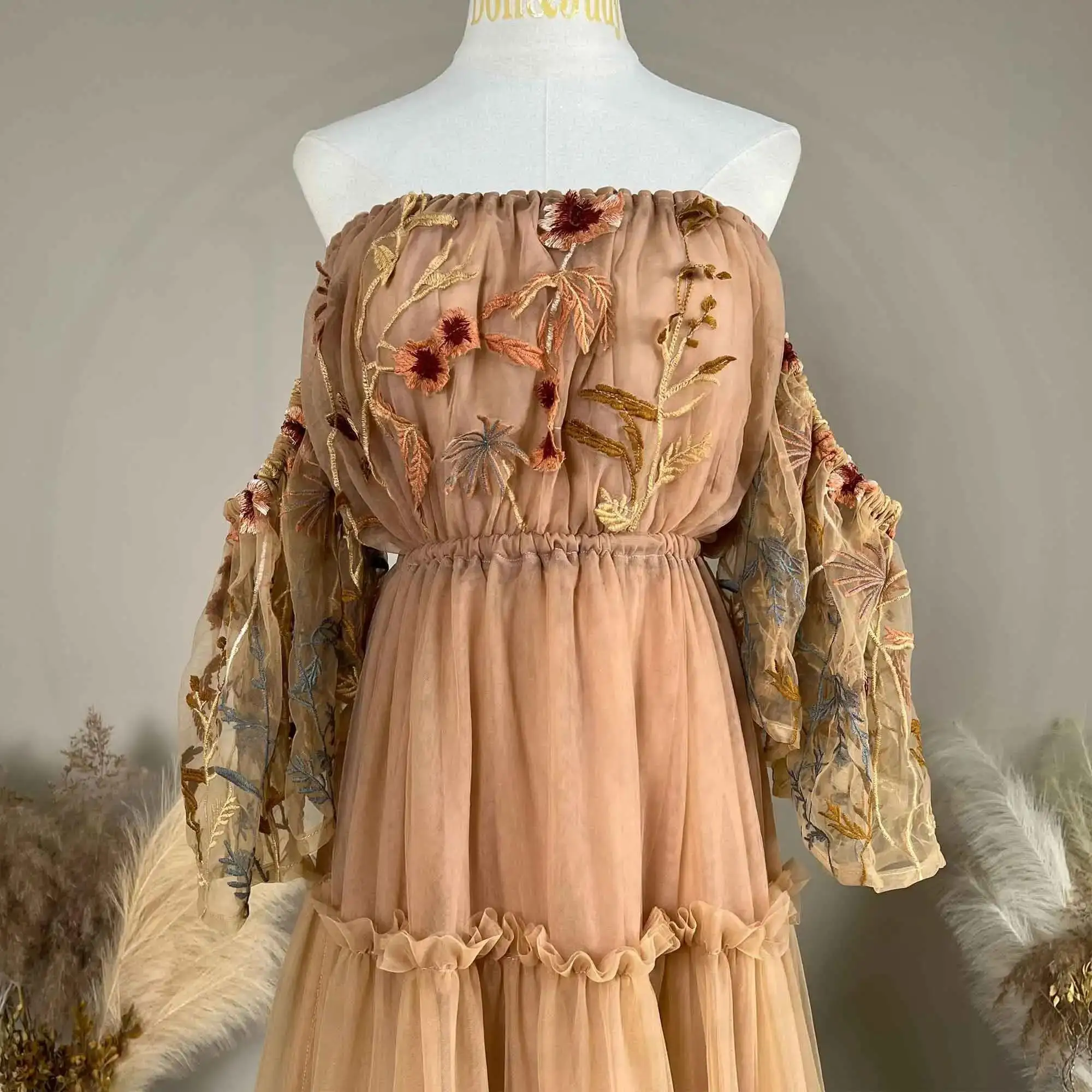 Don&Judy チュール刺繍ガウンドレス マタニティ写真撮影セッション写真ドレス 小道具 取り外し可能なライナー付き