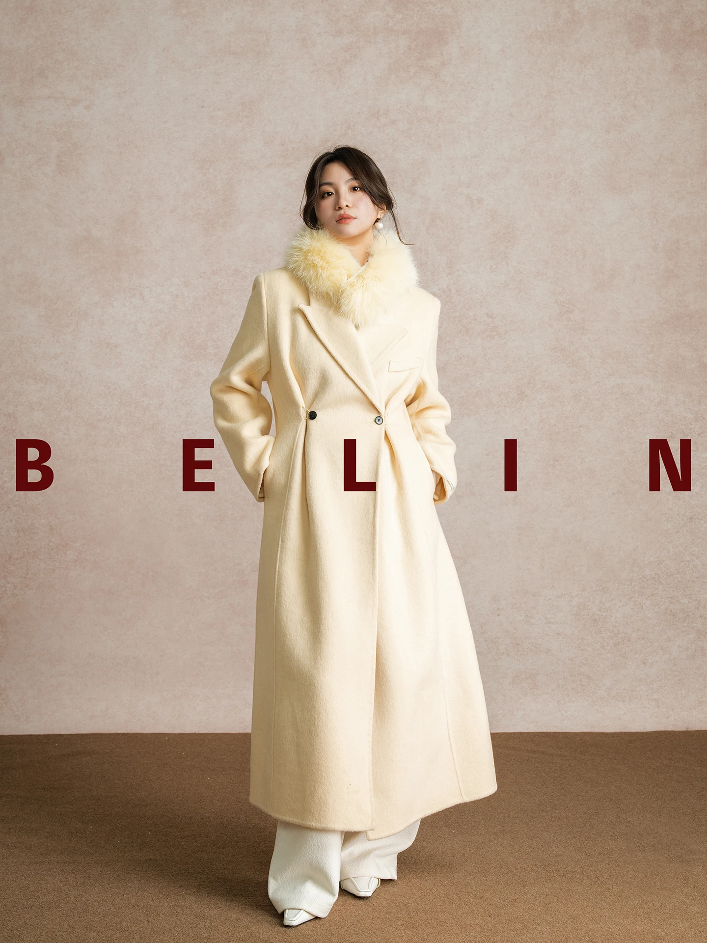 

Belin Double-Faced Woolen Coat Collar Detachable oulder Princ Sle Long Sve Thi Winter Women's Outerwear