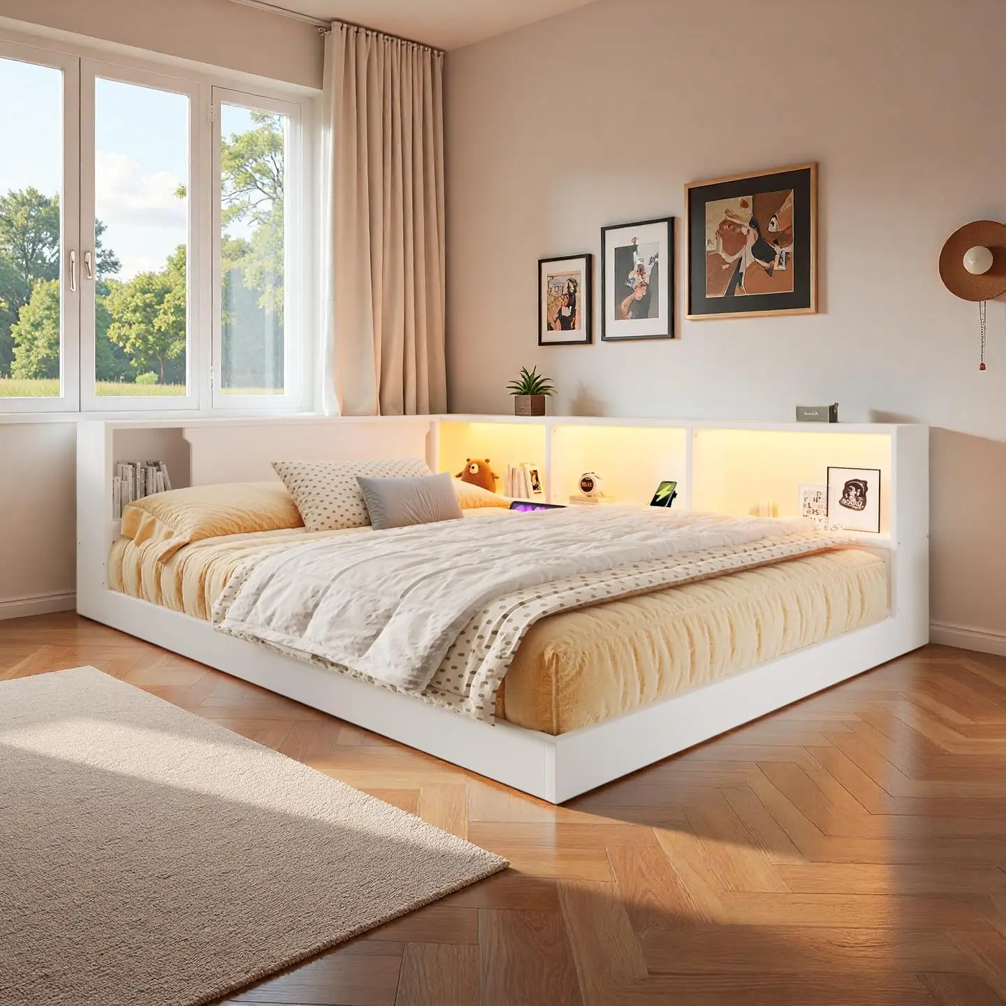 

Queen Size Corner Bed with Bookcase, Wood L-Shaped Floor Daybed with LED Lights & USB Ports, Floor Corner Bed Frame, Customized