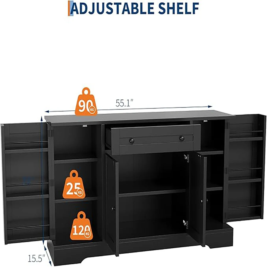 خزانة بوفيه جانبية حديثة مع مساحة تخزين، 55 بوصة خزانة بار القهوة الخشبية مع درج، أرفف وأرفف للأبواب، للمطبخ #3