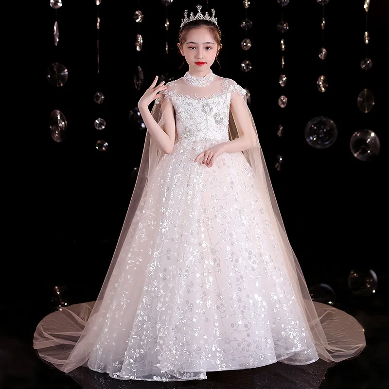 Children's Tail Evening Dress Princess Dress Stylish Flower Girl Wedding Girl Host Show Piano Performance Dress Spring