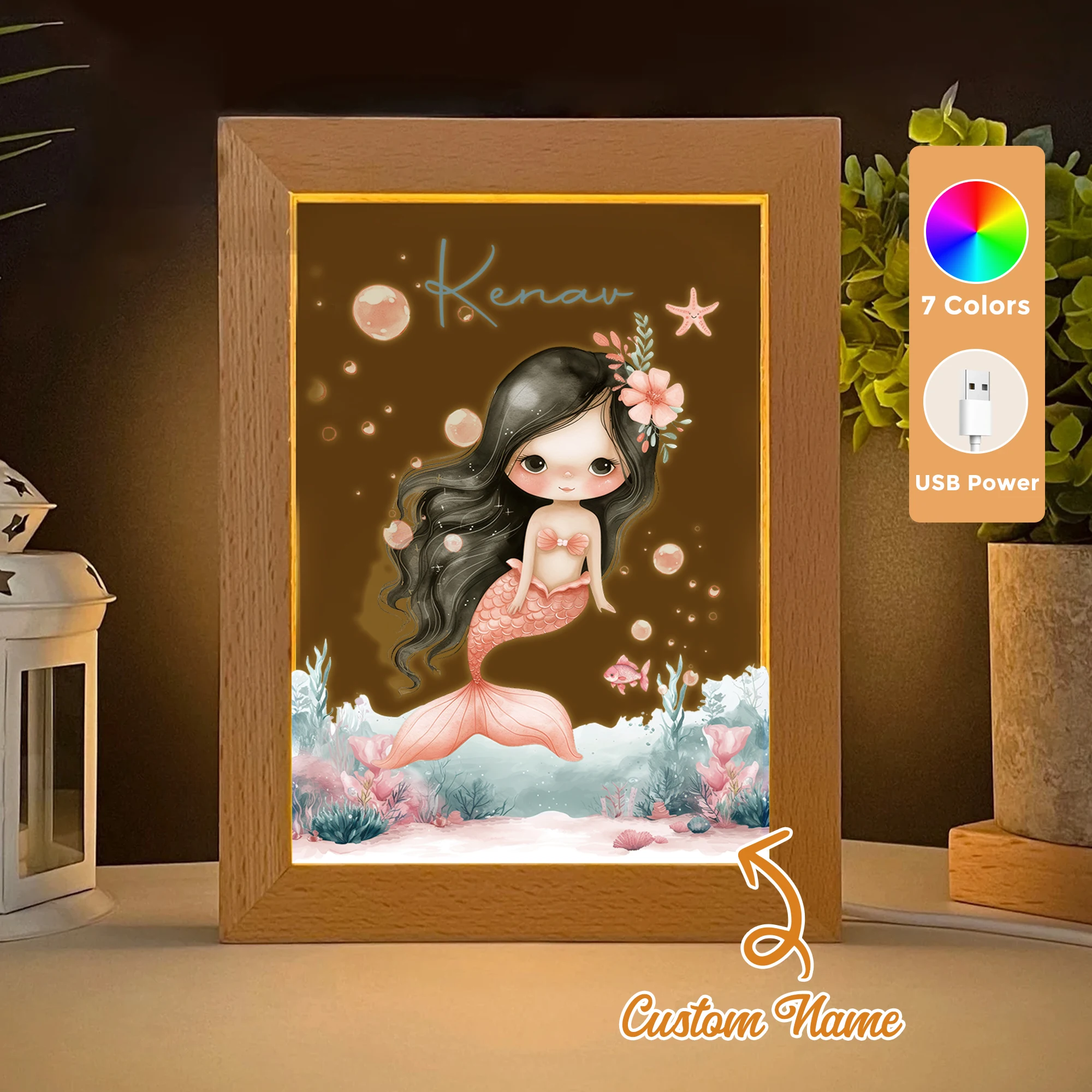 

2D Flat Custom Name Pink Cartoon Mermaid LED Acrylic Night Light Wood Photo Frame 21x17cm Child Bedroom Gifts Home Decor