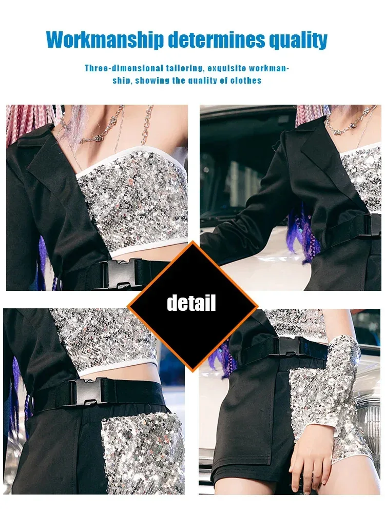 Ropa de calle para niñas, diseño Y2K, moda única, espectáculo de danza, pasarela, lentejuelas, trajes k-pop, actuación, Jazz negro, escenario plateado