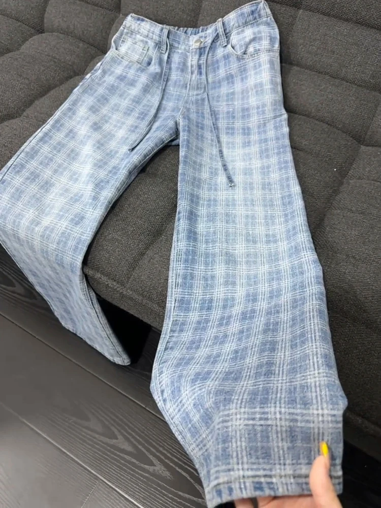 

Прямые расклешенные джинсы с высокой талией, мужские и женские джинсы в американском стиле High Street Vibe, синий клетчатый джинсовый нож