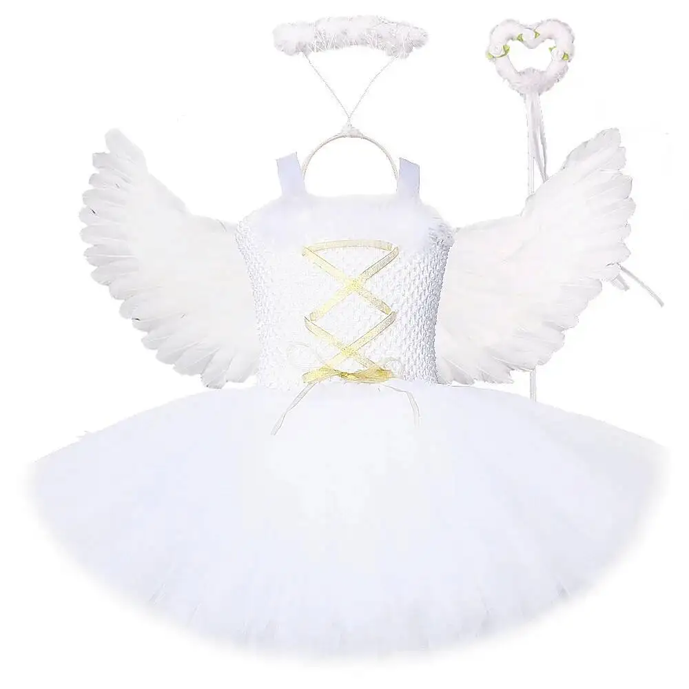 White Angel Fairy Dress for Girls Christmas Halloween Fancy Costume with Feather Wings Kids Birthday New Year Party Tutus Outfit