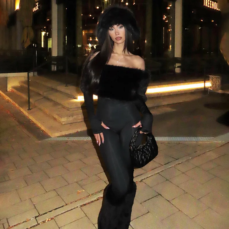 

Women's Black Faux Fur Trim Jumpsuit, Elegant Long Sleeve Bodysuit, Clubwear, Party Wear, Night Out Outfit, Korean Fashion Style