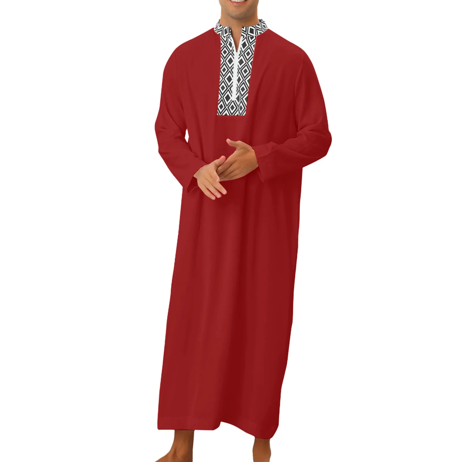 Robe musulmane décontractée à manches longues et col rond pour hommes, robes musulmanes pour hommes, chemise musulmane décontractée, poches adt, patchwork d'impression à carreaux