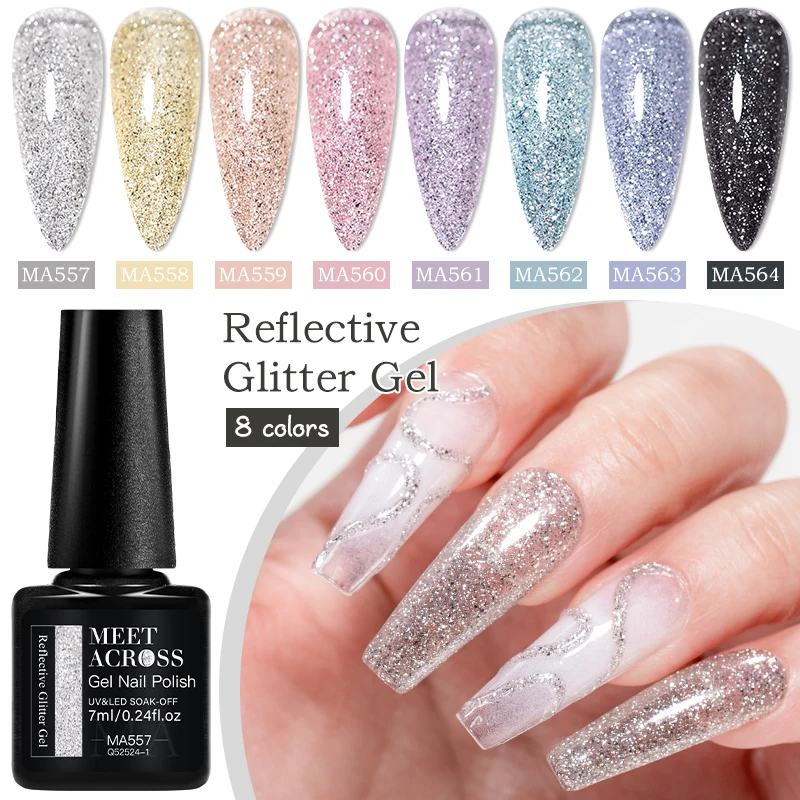 MEET ACROSS 7ml Super Sparkling Reflective Gel Nail Polish Platinum Flashy Effect Sequins LED UV Gel Nail Art Varnish Manicure