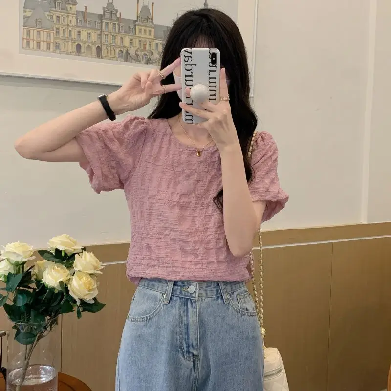 Puff Sleeve Blouses Women Folds Design Sweet Loose Casual Solid Korean Style Summer New Ladies Temperament All-match Aesthetic