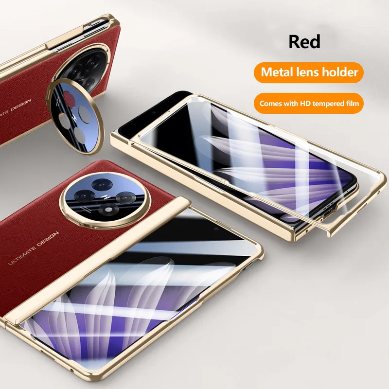 

Plain Leather Case For OPPO Find N5 Findn5 FindN5 5G Alloy Lens Holder Hinge Bracket Protective Cover With Tempered Glass