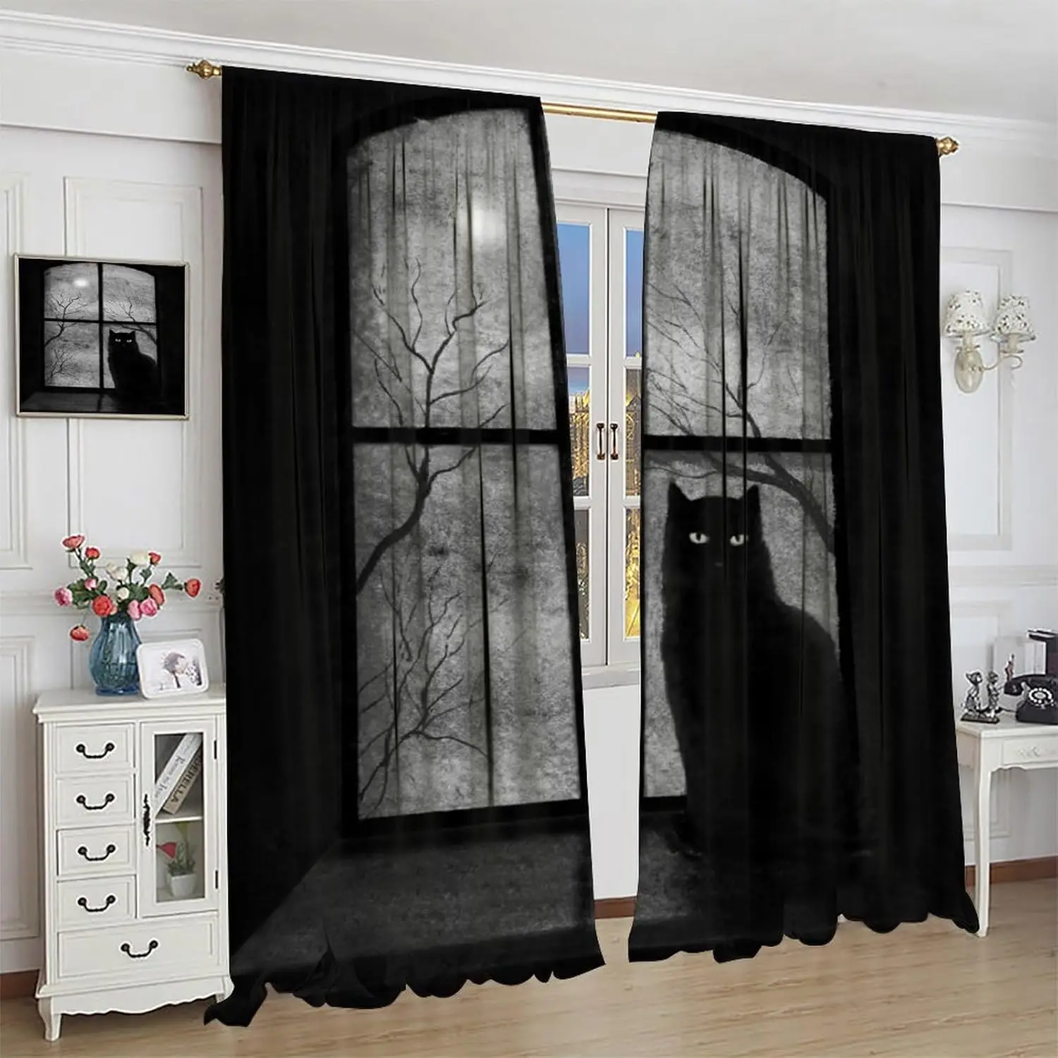 Halloween Weird Black Cat Curtain Gothic Spooky Night Tree Black Cats on The Sill Full Moon Scary Halloween Window Drapes for