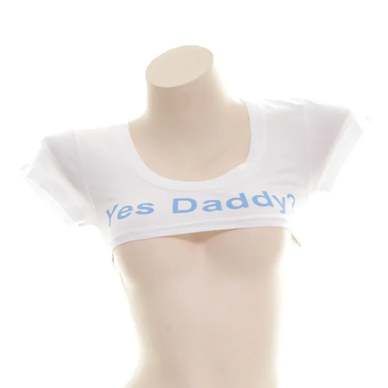 Yes Daddy Cosplay Costume Sexy Letter Print Short Sleeve Short Top Sleeve Crop Running T Shirt Black and White