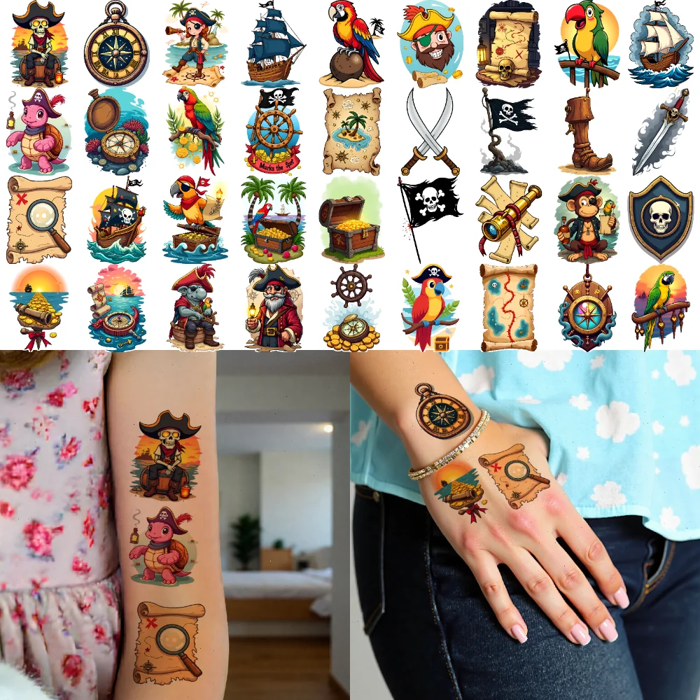 

63pcs Temporary Tattoo Treasure Chest Waterproof Long-lasting Body Stickers Pirate Ship Sword Temporary Tattoo Stickers For