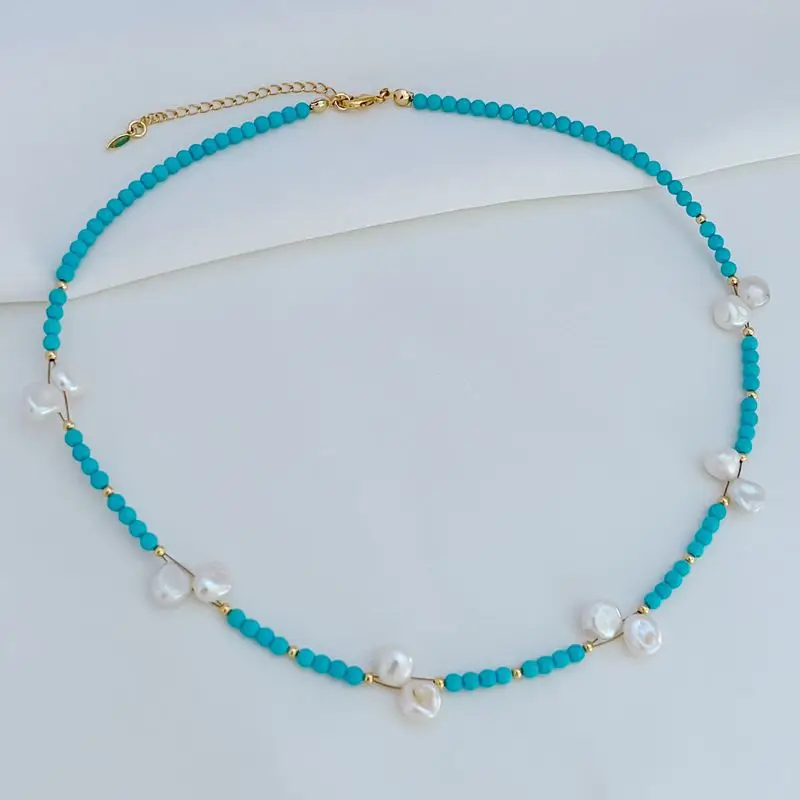 

New Arrival Autumn Winter Classic Necklace Fresh Turquoise Stone Blue Beaded Strand Fresh Water Pearl Niche Exquisite Necklace