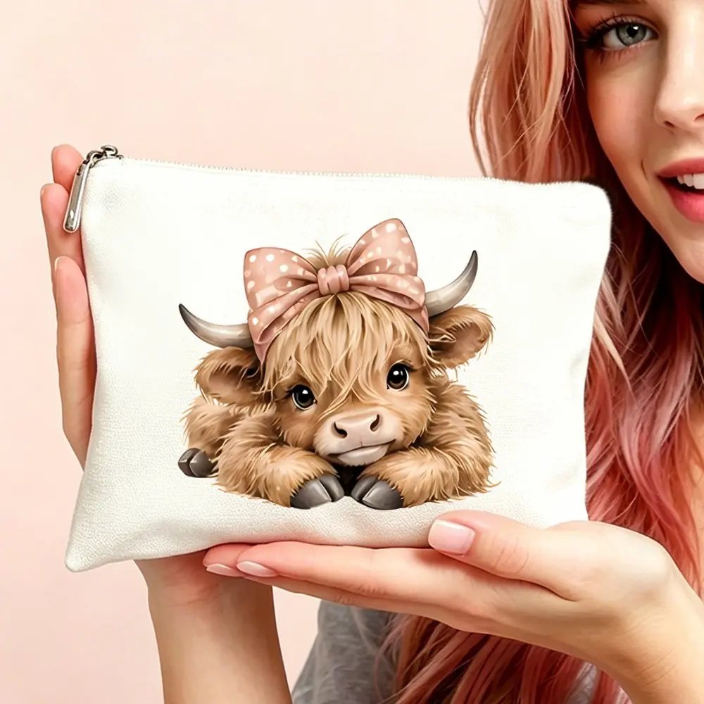 1pc Makeup Cosmetic Bag Toiletry Pouch Versatile Gift Pouch for Women Highland Cow Polka Dot Bow Print Cosmetic Bag Mom Friends