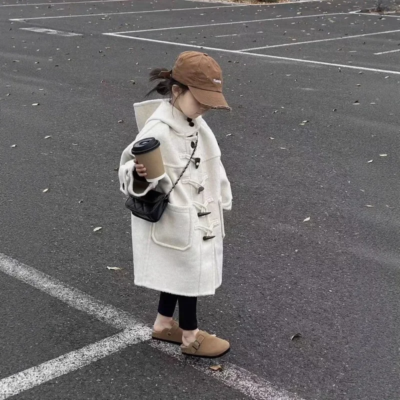 

Girls Coat Autumn Winter Korean Style FashionClassic Loose Hooded Solid Color Horn Buttons Long Sleeve Outerwear