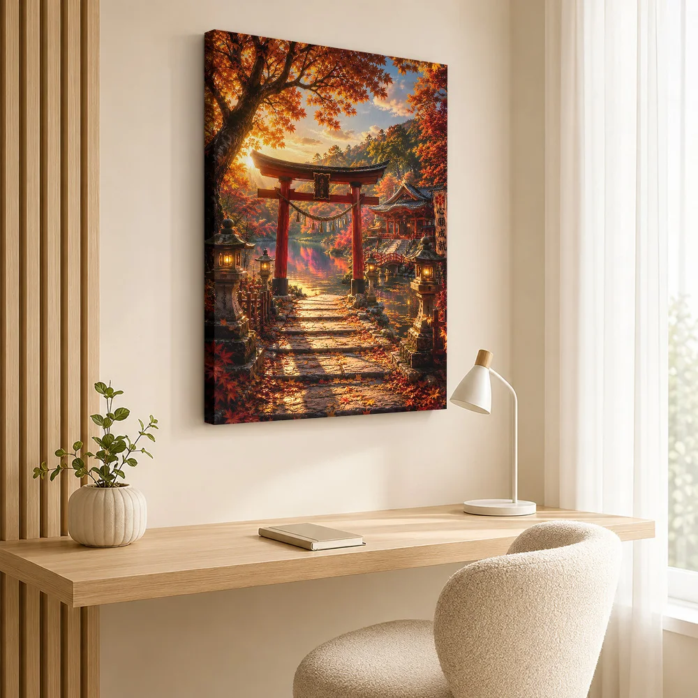 Autumn Torii Temple Landscape Wood Framed Canvas Poster Customized Photo Scenic Illustration Wall Art For Entryway Birthday Gift