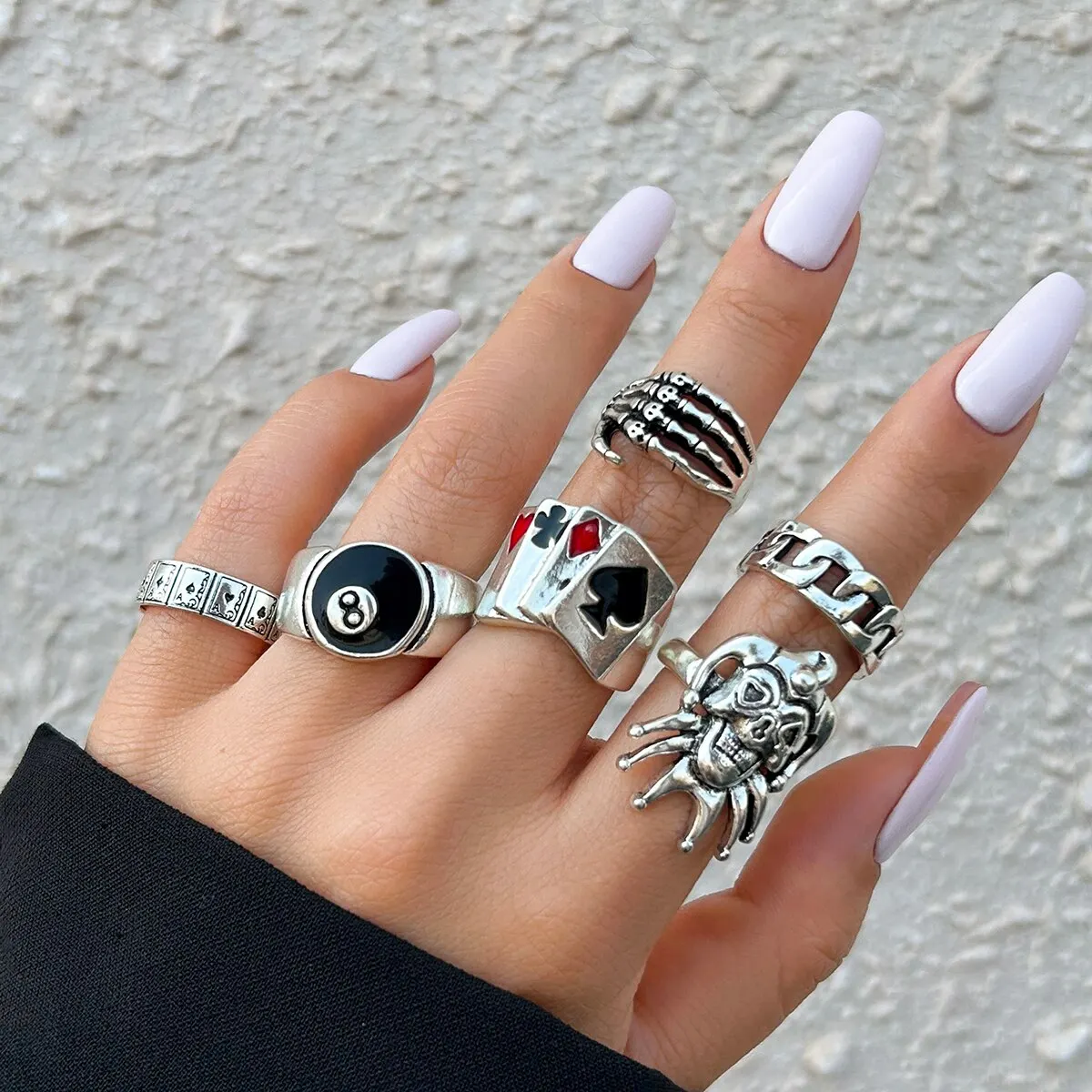 Hip Hop Vintage Skull Ghost Claw Poker Clown Ring Set for Women Hollow Geometric Size 8 Jewelry Steampunk Men