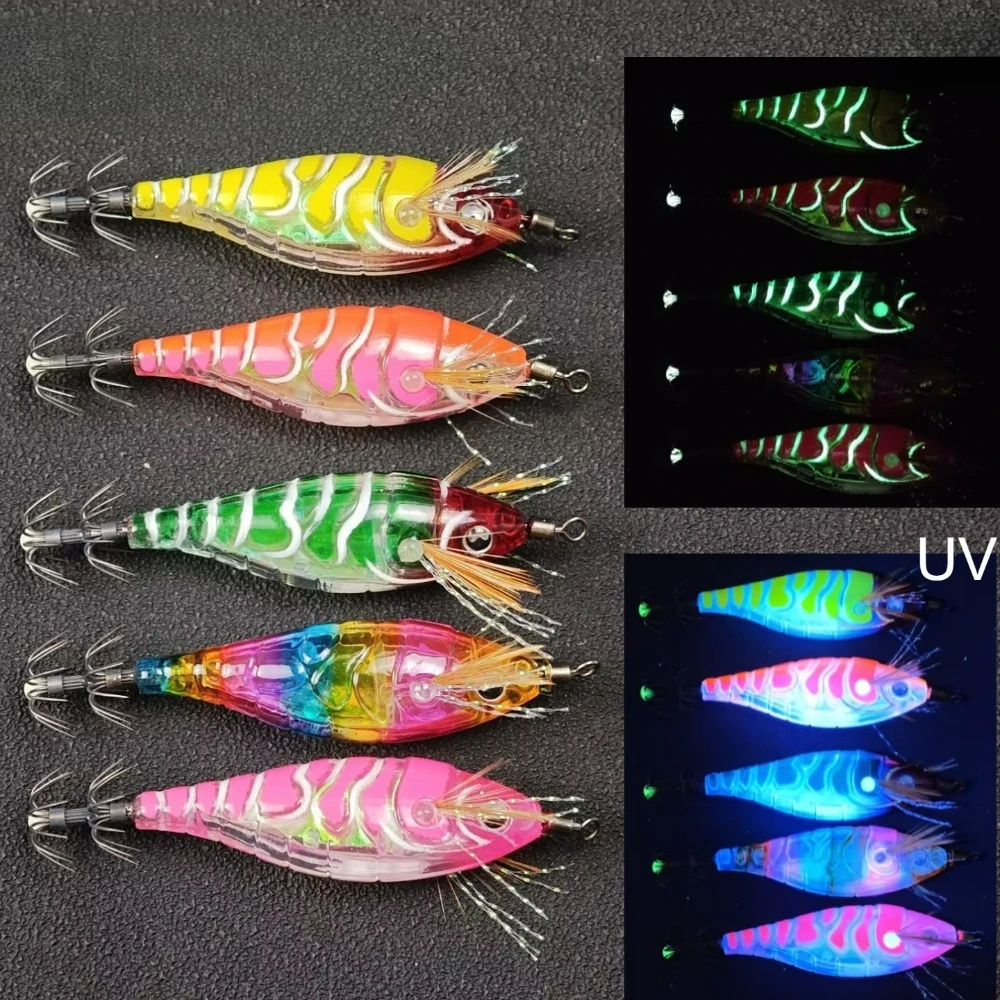 1 señuelo luminoso de calamar de 7 cm, cebo de camarón, señuelo de pesca de pulpo y sepiya, aparejos de pesca en agua salada, camarón fluorescente de madera.