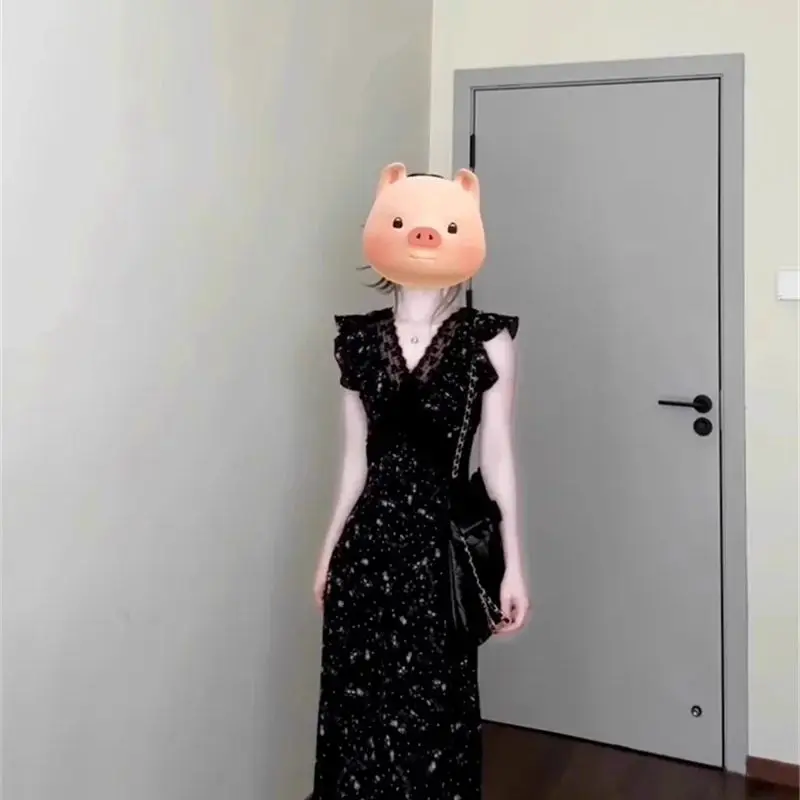 Sensação de alta qualidade estilo Hepburn francês, vestido floral super lindo com decote em V, lindo e exclusivo vestido de pausa para chá cinched na cintura,