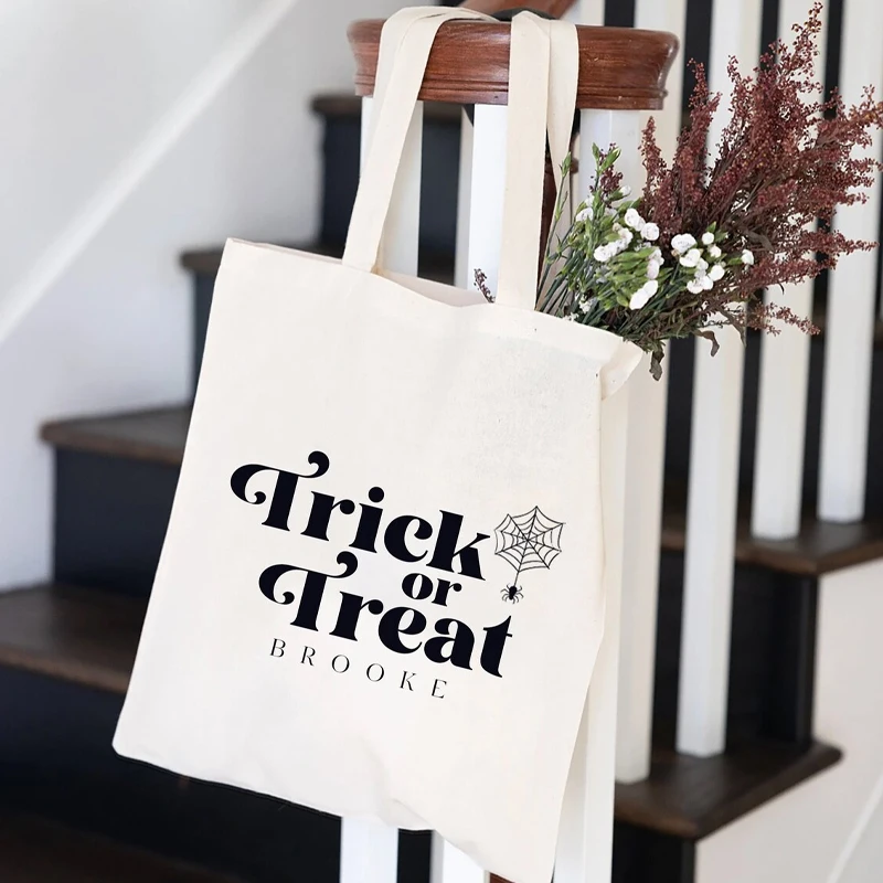 

Personalized Name Trick or Treat Canvas Tote Bag with Spider Web Custom Halloween Party Decoration Supplies Reusable Accessory