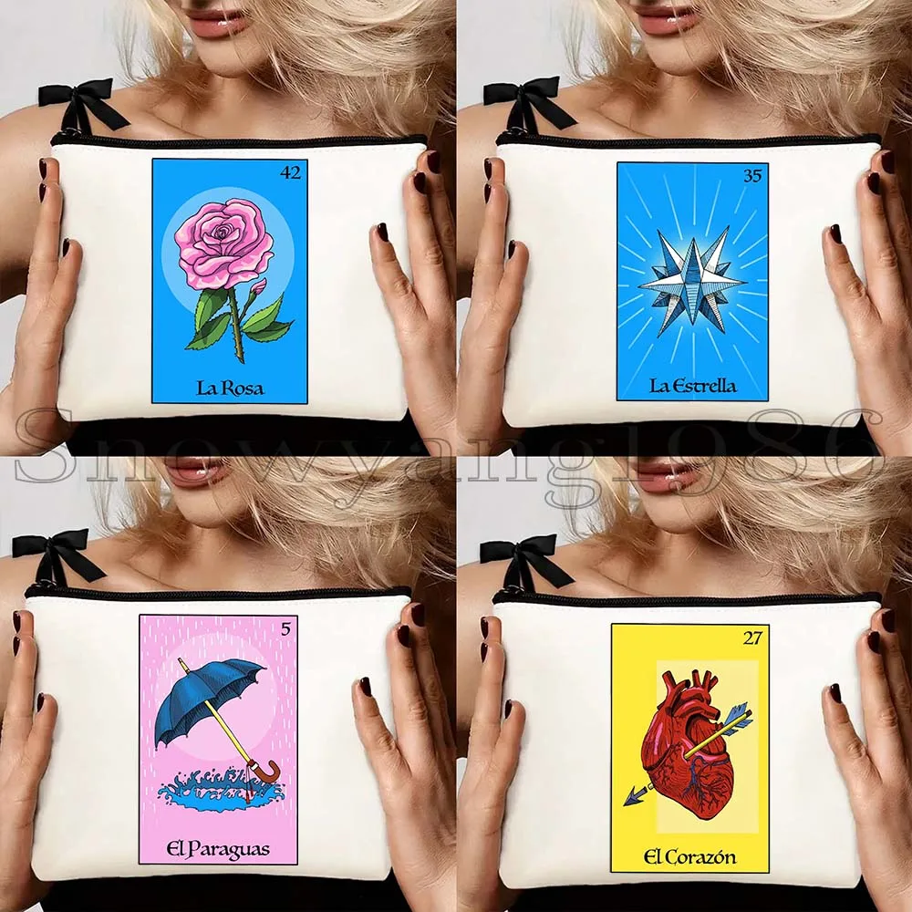 4pcs The Heart Aztec Star Umbrella Watermelon ROSA Mexican Loteria Bingo Card Art Canvas Cosmetic Makeup Toilet Bag Case Pouch