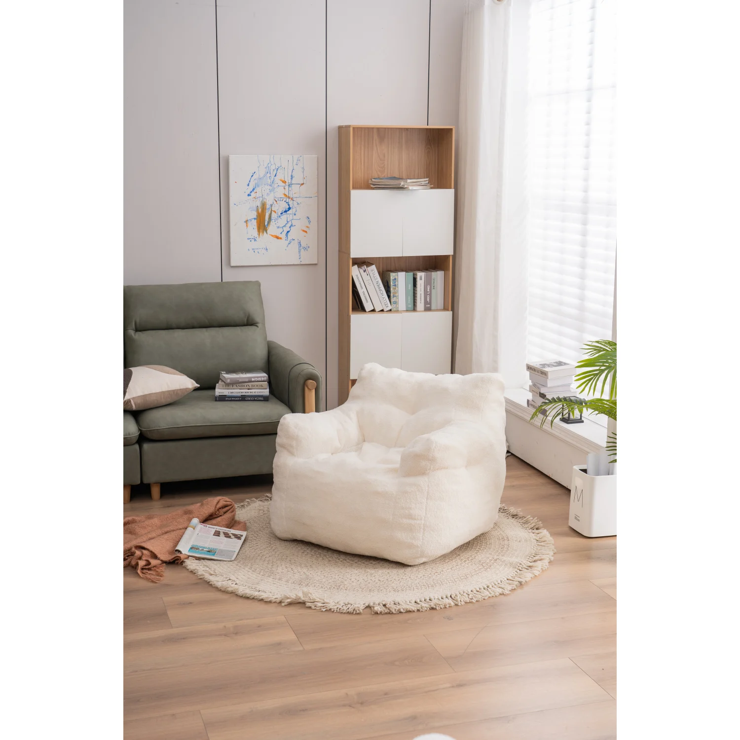 010-Soft Teddy Fabric Tufted Foam Bean Bag Chair With Teddy Fabric Ivory White