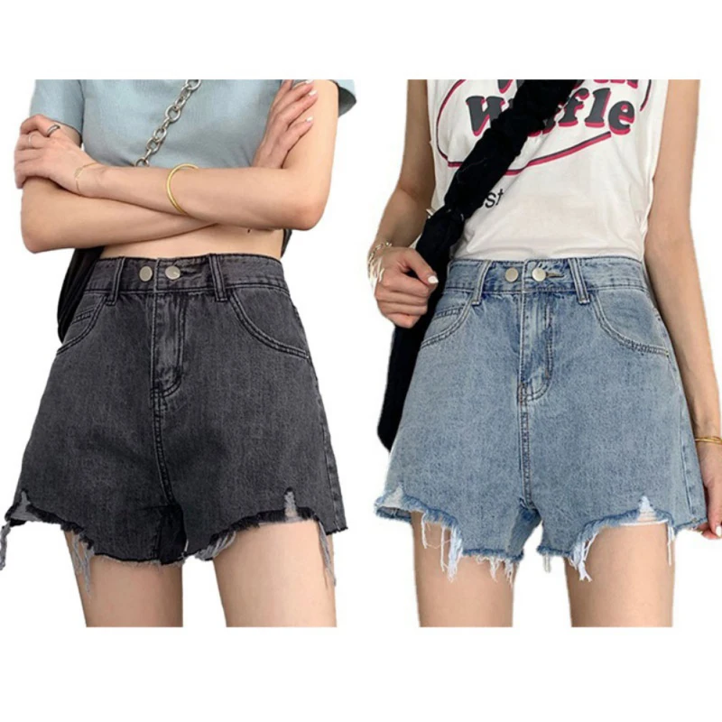 

Thin Denim Shorts Female Summer High-waisted Broken Holes Wide Leg Loose Burlap A-line Hot Pants