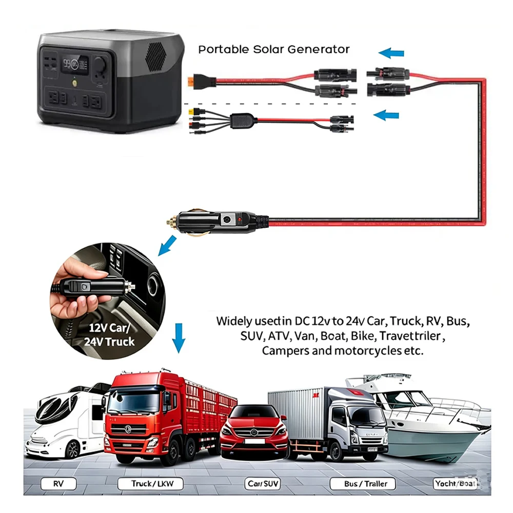 Mc-4 to Cigarette Lighter Socket Plug Adapter Cord, 12V/24V Solar Charging Cable Connector for Car Power Station Storage Battery