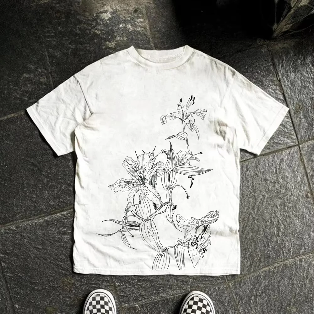 2026 Unisex Trending Dark Aesthetic Flower T Shirt Sketch Lily Line Art Graphic Front Print Cotton Streetwear Tee For Art Lovers