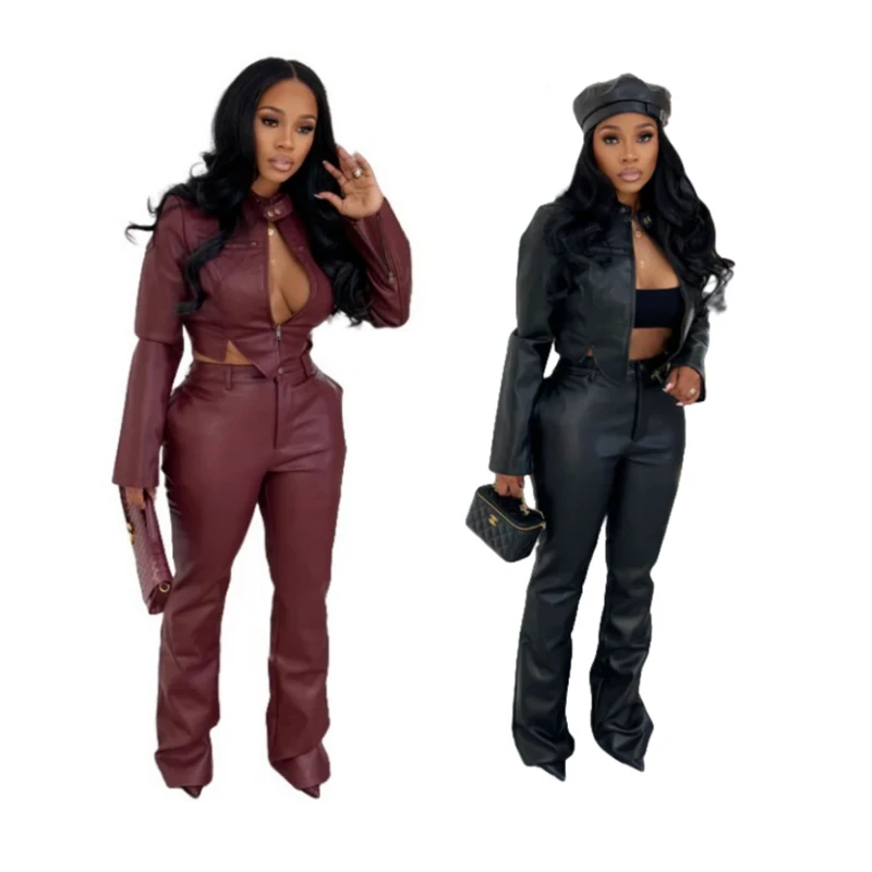 أطقم سراويل نسائية من جلد البولي يوريثان مكونة من قطعتين سترة قصيرة بسحاب وأكمام طويلة وبنطلون رصاص بدلة ضيقة عالية الشارع مكونة من قطعتين #1