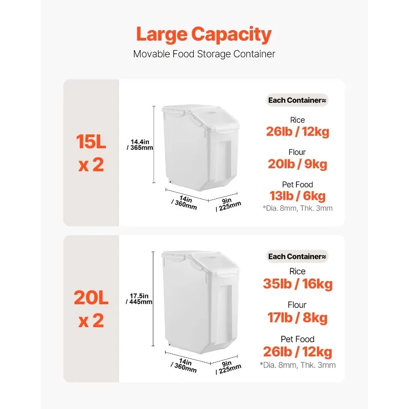 Rice Storage Container, 3.5Gal/15Lx2 + 4.5Gal/20Lx2 Large Dog Food Dispenser Bin, Kitchen Ingredient Grain Cereal Bin,