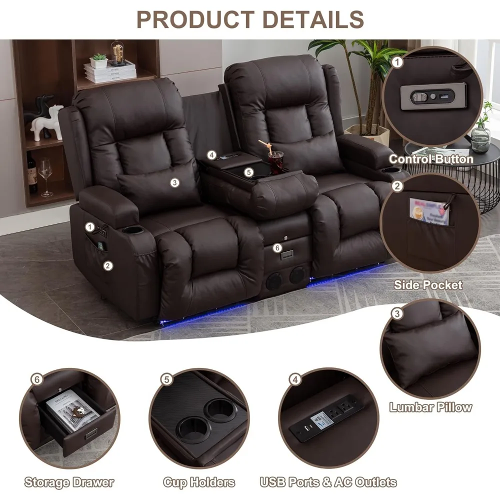 Power Loveseat Recliner Sofa with Massage & Heat Home Theater Seating with Console Electric Recliner RV Sofa with USB/Outlet/St