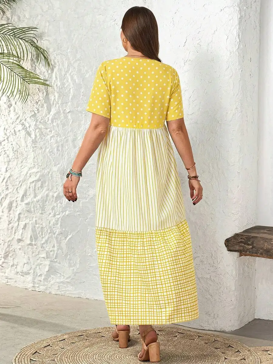 Summer Casual Color Block Polka Dot Striped Plaid Print Maxi Dress