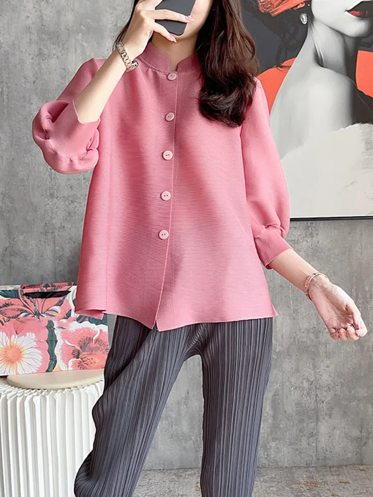 LANMREM 2024 Spring New Pleated Breasted Stand Collar Shirt Women Solid Color Loose Cardigan Casual Top Female Fashion 2W827