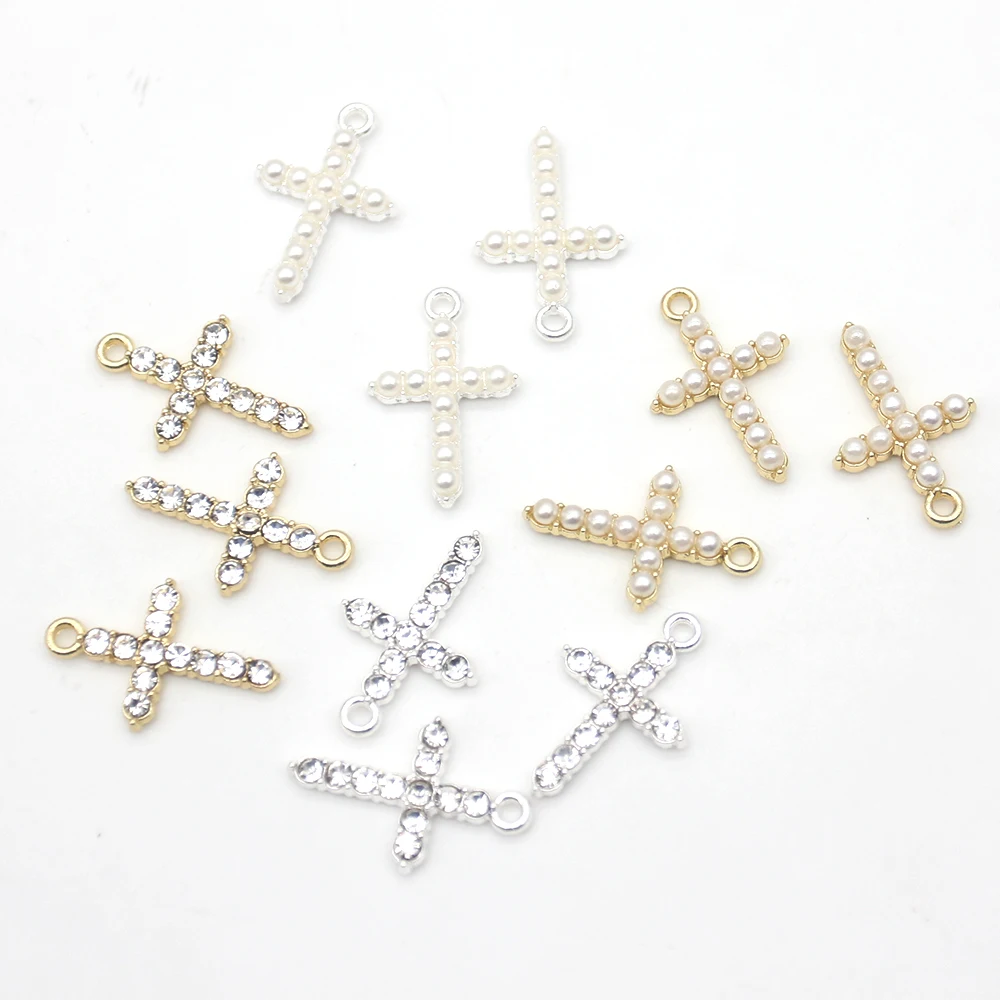 20/30/50pcs Tinny Cross Baby Pin Charms For Kids Gold Plated DIY Craft Pearl Crystal Christian Crosses Safety Pins Charms