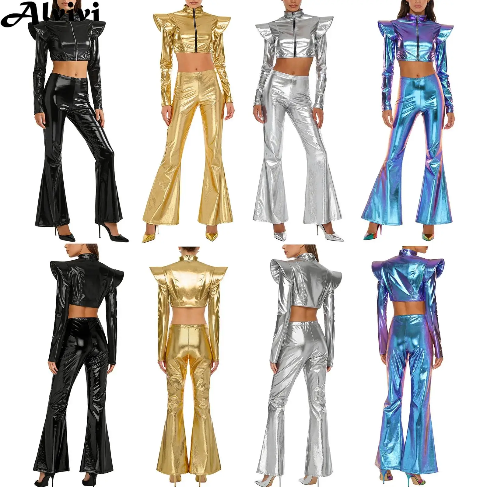 Women Disco Jazz Dance Outfit Metallic Shiny Long Sleeve Zipper Crop Top with Flared Pants Halloween Carnival Club Party Costume