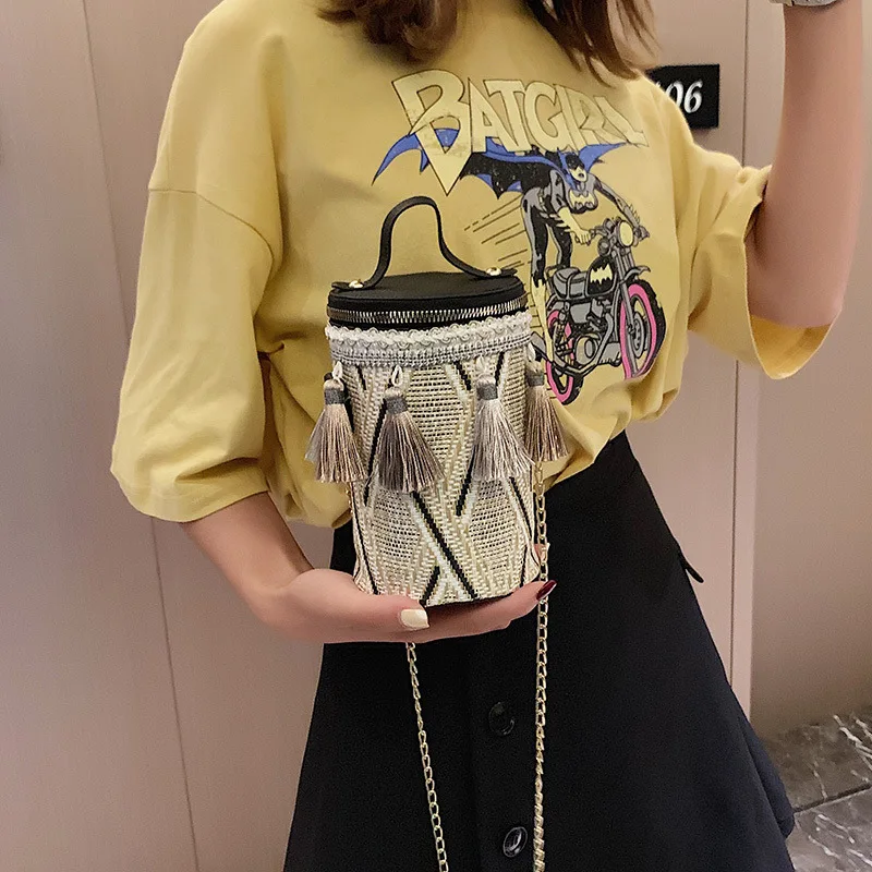 Ethnic Handbag for Women Shoulder Bag Straw Woven Cylindrical Small Bag Tassel Water Bucket Bag Trendy Mother Kids Bags for Girl