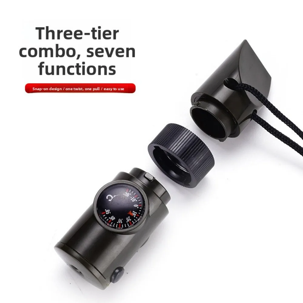 Outdoor 7-in-1 Multi-Functional Whistle:Portable Durable Waterproof Loud Emergency Whistle with LED Light, Thermometer & Compass