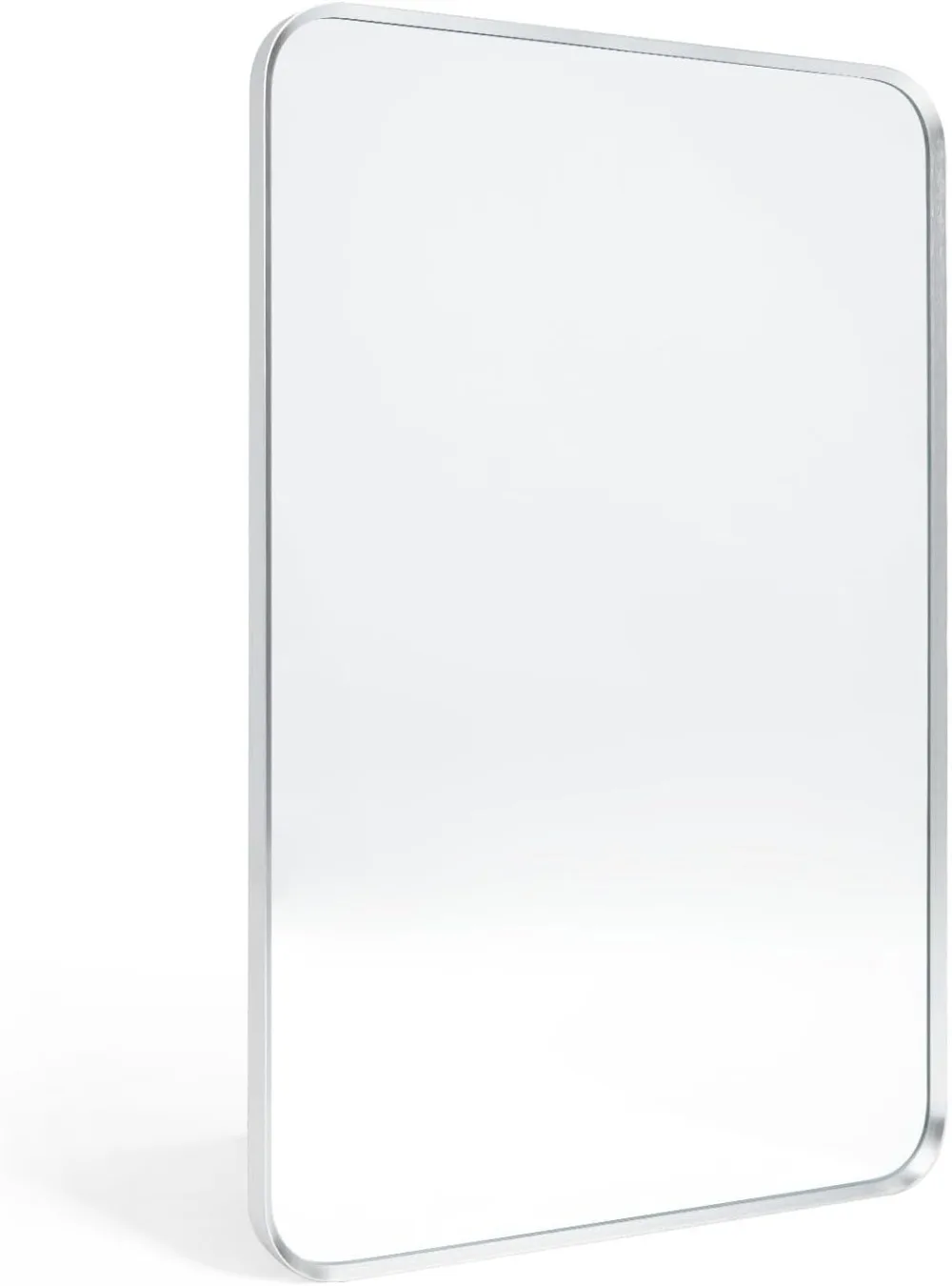 Brushed Nickel Bathroom Wall Mirror, Silver Metal Framed Large Rounded Corner Rectangle Mirror, Tempered Glass, Shatter Proof