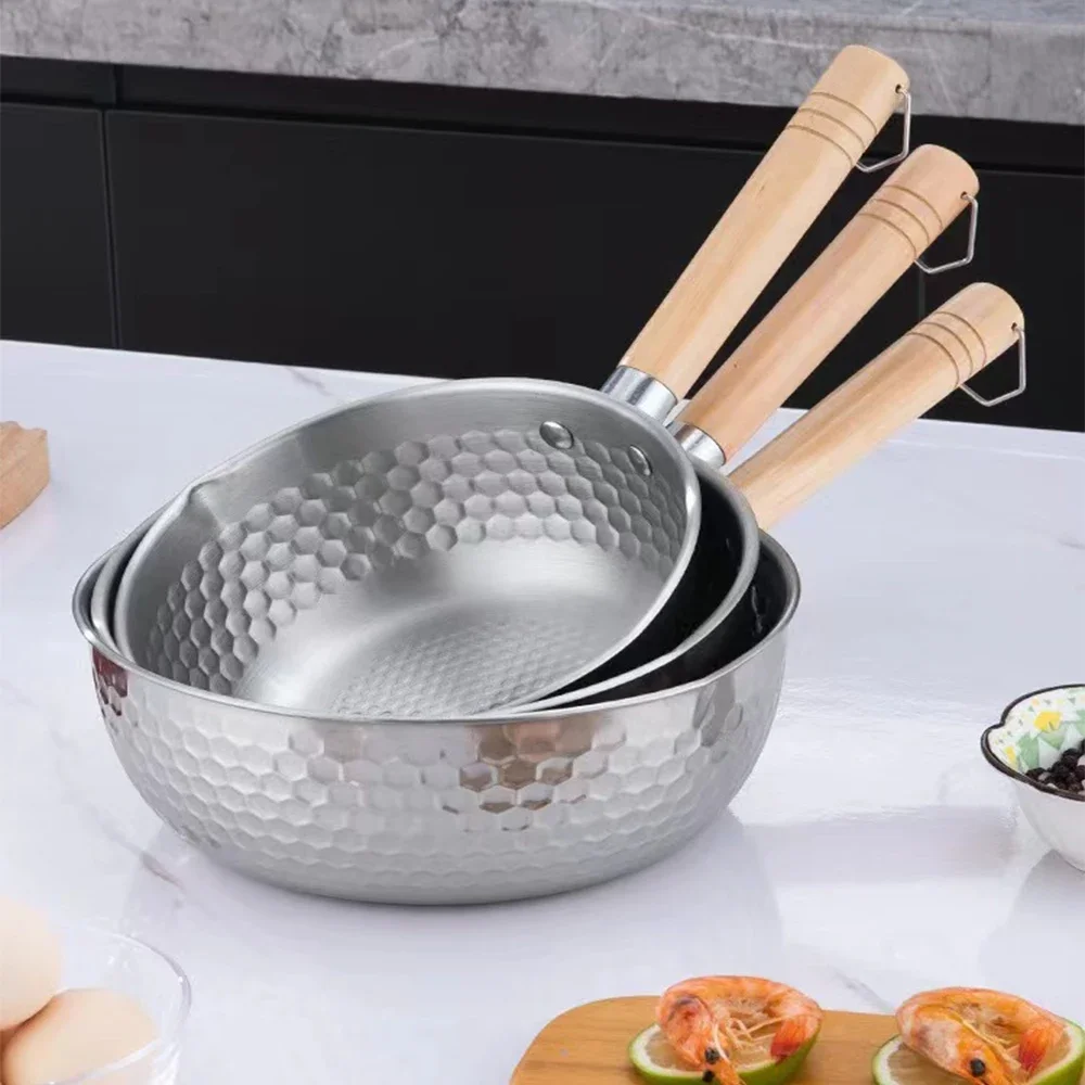 430 Stainless Steel Soup Pot Japanese-style Snow Pot Flat Bottom Non-stick Wok Wooden Handle Stew Pot Milk Pot Kitchen Cookware