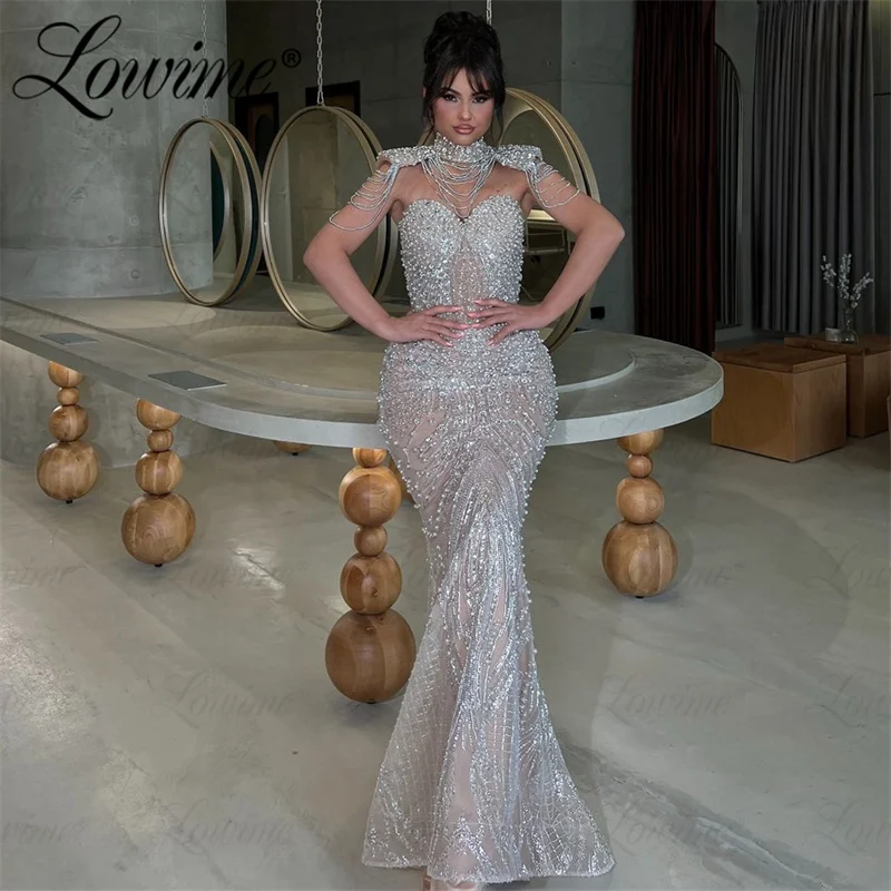 ﻿ Sparkly Silver Mermaid Prom Dresses 2024 Mermaid Aso Ebi Sequined Formal Party Second Reception Birthday Party Dress Arabic